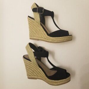 Steve Madden Black and Beige Open-Toe Platform Espadrilles sz 6